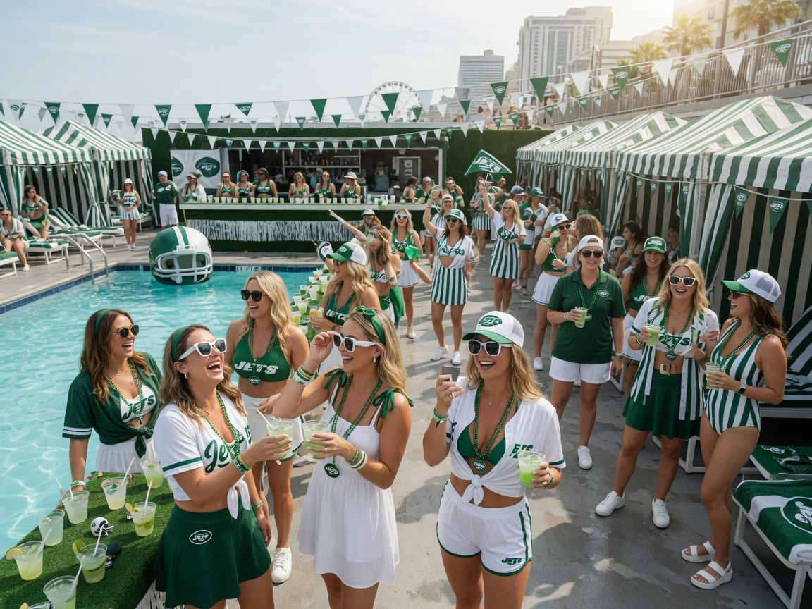AI-generated editorial image of a Jets beach club party with mostly women in green-and-white summer fan outfits